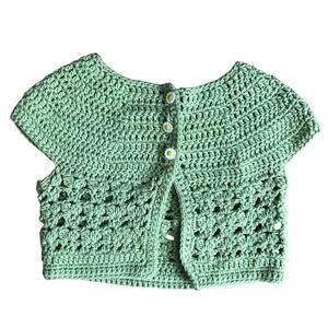 Crochet Handmade Daisy Buttons Cropped Green Vest Girl’s Size 5-8